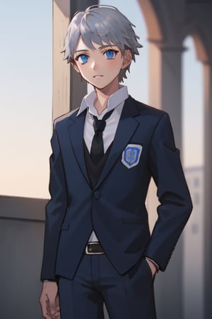 best quality, extremely detailed, masterpiece, 1_boy, teenager, blue suit, school, school uniform, black tie, black trousers, silver hair, short_hair, blue eyes