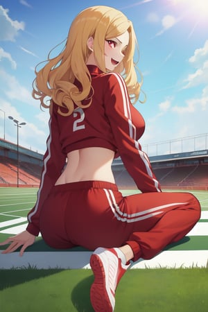 best quality, extremely detailed, masterpiece, females, medium boobs, teen, teenagers, blonde, long_hair, curly_hair, gyaru, red eyes, cheerful, bitch, school sport yard, red track suit, track_suit, open track suit, shorts, red shorts, sitting, viewed_from_behind