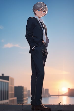 best quality, extremely detailed, masterpiece, manly, manful, cool pose, teenager, blue suit, school, school uniform, black tie, black trousers, silver hair, short_hair, blue eyes
