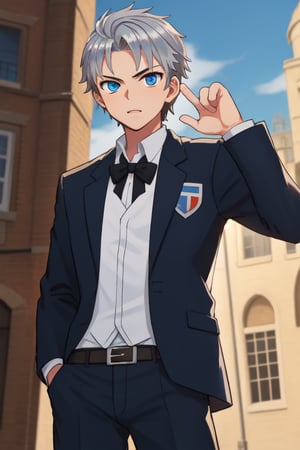 best quality, extremely detailed, masterpiece, manly, manful, cool pose, teenager, blue suit, school, school uniform, black tie, black trousers, silver hair, short_hair, blue eyes, protagonist (caligula)