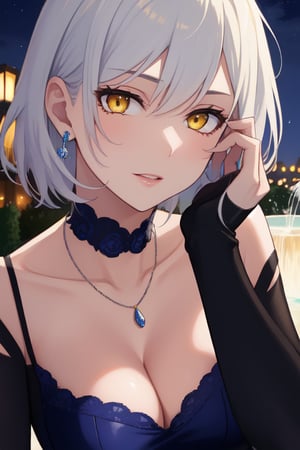 best quality, extremely detailed, masterpiece, females, medium boobs, cleavage, adult, high_heels, evening dress, blue evening dress, elegant, stockings, black stockings, white hair, short_hair, yellow eyes, necklace, fountain, night, colorful lights, closeup, close_up, close-up, face