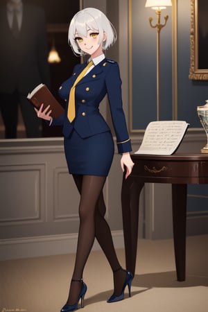 best quality, extremely detailed, masterpiece, females, medium boobs, elegant pose, adult, high_heels, blue skirt, blue suit, ship crew uniform, closed button, pantyhose, white hair, short_hair, yellow eyes, sexy custom, book, yellow tie, smile, velvet room