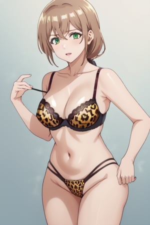 best quality, extremely detailed, masterpiece, 1_girl, mature, milf, mommy, mother, adult, medium boobs, leopard pattern underwear, lace thong, bra, green-eyes, brown-hair, pony_tail, ponytail, standing, white background, Shiori Katase, milfication