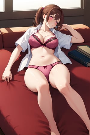 best quality, extremely detailed, masterpiece, female, cleavage, sexy_pose, medium_breasts, teenagers, school_girl, school, library, white shirt, short_sleeves, brown hair, pink eyes, pony_tail, blush, open shirt, open_clothes, magenta bra, magenta panties, bend over, lying on the back, legs_open, legs_spread