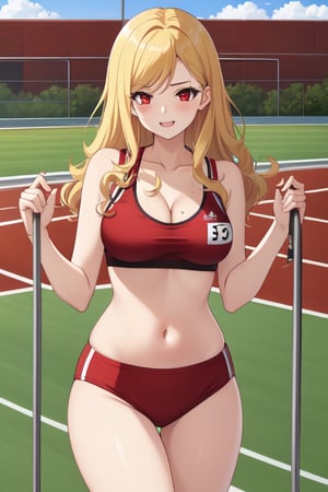 best quality, extremely detailed, masterpiece, females, medium boobs, cleavage, teen, teenagers, blonde, long_hair, curly_hair, gyaru, red eyes, school sport yard, track field, buruma, red buruma, red sportbra, sportbra, golden medal, medak, happy