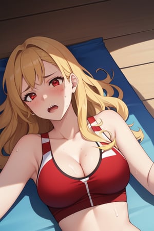 best quality, extremely detailed, masterpiece, females, medium boobs, cleavage, teen, teenagers, blonde, long_hair, curly_hair, gyaru, red eyes, school sport yard, track field, buruma, red buruma, red sportbra, sportbra, sweating, lying, lying_down, face down