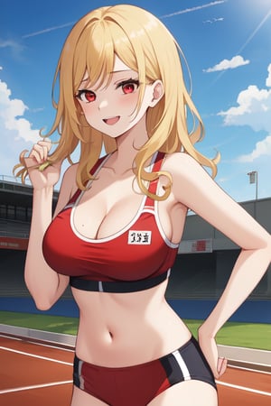 best quality, extremely detailed, masterpiece, females, medium boobs, cleavage, teen, teenagers, blonde, long_hair, curly_hair, gyaru, red eyes, school sport yard, track field, buruma, red buruma, red sportbra, sportbra, golden medal, medak, happy