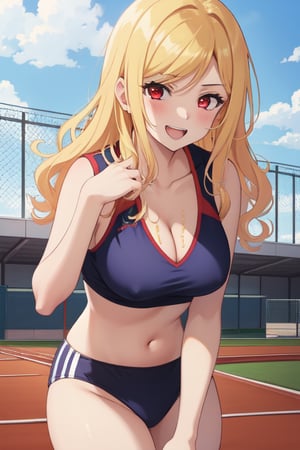 best quality, extremely detailed, masterpiece, females, medium boobs, cleavage, teen, teenagers, blonde, long_hair, curly_hair, gyaru, red eyes, cheerful, bitch, school sport yard, track field, buruma, white top, bend over