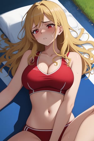 best quality, extremely detailed, masterpiece, females, medium boobs, cleavage, teen, teenagers, blonde, long_hair, curly_hair, gyaru, red eyes, school sport yard, track field, buruma, red buruma, red sportbra, sportbra, sweating, lying on the back, exhausted, tired