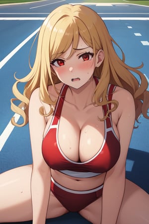 best quality, extremely detailed, masterpiece, females, medium boobs, cleavage, teen, teenagers, blonde, long_hair, curly_hair, gyaru, red eyes, school sport yard, track field, buruma, red buruma, red sportbra, sportbra, sweating, lying, butt, exhausted, tired