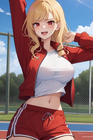 best quality, extremely detailed, masterpiece, females, medium boobs, teen, teenagers, blonde, long_hair, curly_hair, gyaru, red eyes, cheerful, bitch, school sport yard, red track suit, track_suit, shorts, red shorts, stretching