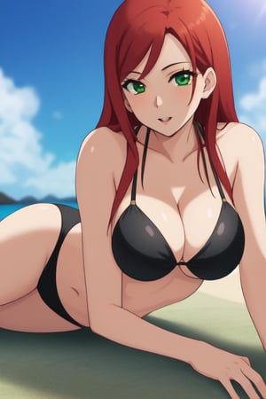 best quality, extremely detailed, masterpiece, female, adult, sexy_pose, cleavage, milf, long_hair, red_hair, green_eyes, lying, sunbathing, low camera angle, black bikini, Miyako Saitou