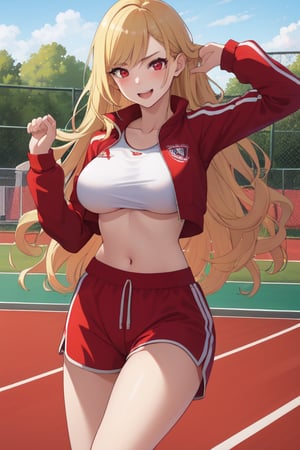 best quality, extremely detailed, masterpiece, females, medium boobs, teen, teenagers, blonde, long_hair, curly_hair, gyaru, red eyes, cheerful, bitch, school sport yard, red track suit, track_suit, open track suit, shorts, red shorts, yoga pose