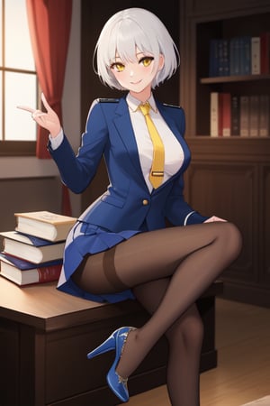 best quality, extremely detailed, masterpiece, females, medium boobs, elegant pose, adult, high_heels, blue skirt, velvet blue suit, ship crew uniform, closed button, pantyhose, white hair, short_hair, yellow eyes, smiling, sexy custom, book, yellow tie