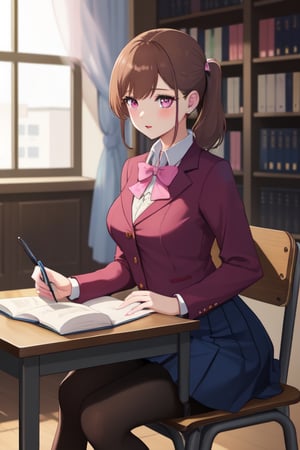 best quality, extremely detailed, masterpiece, female, medium_breasts, teenagers, school_girl, school_uniform, school, library, studying, sitting, blue skirt, pantyhose, pink suit, brown hair, pink eyes, pony_tail