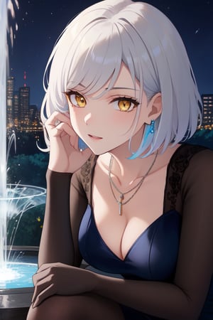 best quality, extremely detailed, masterpiece, females, medium boobs, cleavage, adult, high_heels, evening dress, blue evening dress, elegant, stockings, black stockings, white hair, short_hair, yellow eyes, necklace, fountain, night, colorful lights, closeup, close_up, close-up, face