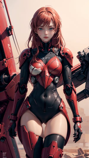 ((High resolution)),((high detailed)),cowboy shot, photorealistic, masterpiece, official art, crimson red and white background,raw photo, best quality, 1girl, character focus, 17 years old, ginger hair, long hair, two buns, resemble Asuka Langley, mecha, mechanical girl, red black exosuit, neon genesis evangalion, mechanical pilot suit, beautiful eyes, (delicate face), perfect detail, perfect feet, cinematic lighting, dark studio, ((hyper detailed face)),((hyper detailed eyes)),(((exposed thighs)))