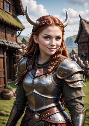 Cute girl, looks at viewer over shoulder, smiles sheepishly, profile view, redhead, armor, 

epic viking village background,



maximum image texture, best quality UHD 16k, best quality, masterpiece, Ultra detailed, very high definition, extremely delicate and beautiful, more contrast, high contrast

8k wallpaper, awesome, (masterpiece, photorealistic:1.5), (((best quality))), ((ultra detailed)), (illustration), dynamic angle,
