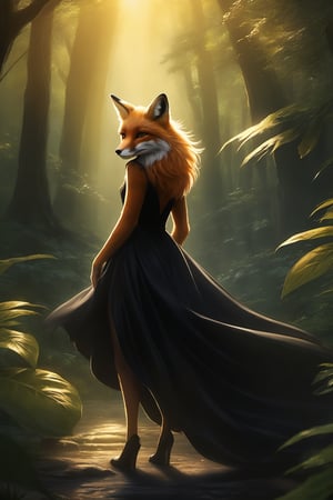 A captivating fox girl, resplendent in a sleek black dress, playfully gazes directly at the viewer with an air of mischief. Framed against the lush forest backdrop, soft golden light filters through the foliage, casting dappled shadows on the surrounding terrain. Her piercing gaze seems to beckon the viewer into her world, as if sharing a hidden secret. In stunning 64k UHD, every intricate detail is rendered with breathtaking clarity, inviting the audience to step into this masterfully crafted atmosphere.