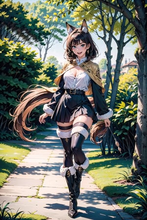 1girl, solo, long hair, breasts, looking at viewer, smile, open mouth, bangs, skirt, large breasts, brown hair, shirt, thighhighs, long sleeves, bow, animal ears, cleavage, jewelry, green eyes, standing, tail, full body, white shirt, :d, pleated skirt, earrings, boots, outdoors, day, belt, black skirt, medium hair, black footwear, blurry, high heels, tree, zettai ryouiki, animal ear fluff, fox ears, capelet, blurry background, fox tail, fangs, knee boots, grass, fox girl, claws, furry, puffy long sleeves, high heel boots, black belt, furry female, arms at sides, brown thighhighs, bush, thighhighs under boots, fox, brown fur


maximum image texture, UHD 16k, masterpiece, very high definition, extremely delicate and beautiful, more contrast, high contrast8k wallpaper, awesome, (masterpiece, photorealistic:1.75), (((best quality))), ((ultra detailed)), (illustration),