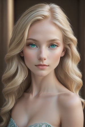 Creamy complexion illuminated by soft, golden lighting; delicate nose and full lips slightly upturned, framing bright blue-green eyes like against porcelain skin. Blond locks cascade down, framing the face with gentle waves. The camera's intimate gaze captures every subtle nuance as the subject gazes directly at the viewer.