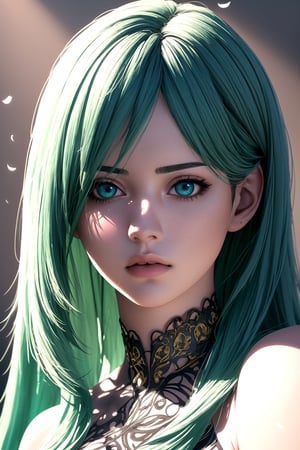 A solo 3D rendering of a stunning half-body portrait featuring a girl with long straight hairs that blend into a mesmerizing blue-green hue (0.8). Her detailed, beautiful eyes are the focal point, showcasing an extraordinary level of realism. The surrounding face is equally impressive, with intricate details and best-in-class shadowing. A shallow depth of field creates a sense of intimacy, drawing attention to the subject's captivating gaze. She wears a black shirt that loses definition in the shadows, adding mystery to the scene. A delicate sprinkling of flowers and petals (1.12) adorns her hair, further emphasizing her ethereal beauty.

(masterpiece, best quality, high resolution, 64k, highly detailed, intricate), illustration, (realistic:1.25), (realistic design:1.25), perfect details, soft light, more details, 3D style, /GC\