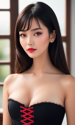 A close-up photo of an East Asian woman with long black hair and bangs, wearing a black corset. She has a serene expression with almond-shaped eyes, soft lips with a touch of red lipstick, and smooth, fair skin with a hint of natural glow. Her makeup includes subtle eyeshadow, mascara, and a light blush enhancing her cheekbones. Her hand is delicately placed near her shoulder, showcasing manicured nails. She is standing near a softly lit window, with gentle natural light highlighting her features. The background is slightly blurred, focusing on her face and upper body. BREAK high-resolution camera, close-up lens, natural lighting, modern realism, soft shadows, intimate setting, hd quality, natural look --ar 16:9 --v 6.0