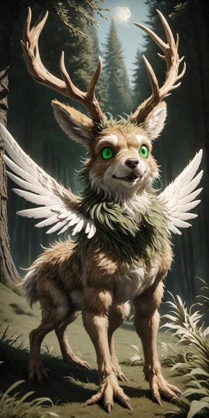 (CGI image of a Wolpertinger:1.65), animal, (majestic creature), (the Wolpertinger's fur, created with exquisite details:1.25), (the Wolpertinger's green eyes glow:1.31), (the Wolpertinger stands gracefully on a wide meadow:1.1), (the Wolpertinger has antlers on his head:1.5), (Blender CGI software that can create breathtaking photorealistic scenes:1.2), (surrounded from the quiet beauty of the forest:1.1), (highly detailed landscape:1.25), (the captivating look of the Wolpertinger:1.1), (the Wolpertinger's hind legs are duck feet:1.25), (the Wolpertinger has 2 angel wings:1.85), beautiful color correction, Unreal Engine,


(masterpiece, best quality, high resolution, 64k, highly detailed, intricate), illustration, (realistic:1.75), (realistic design:1.5), perfect details, soft light, more details, 3D style,
/GC\