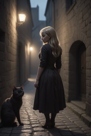 A dark, cobblestone medieval alleyway bathed in warm, flickering torchlight, with the silhouette of old stone buildings looming in the background. In the foreground, a sleek black cat stretches languidly as a blonde-haired young girl, dressed in simple yet elegant attire, gently pets its velvety fur. The high-resolution image captures every detail from the cat's twitching whiskers to the girl's delicate features.