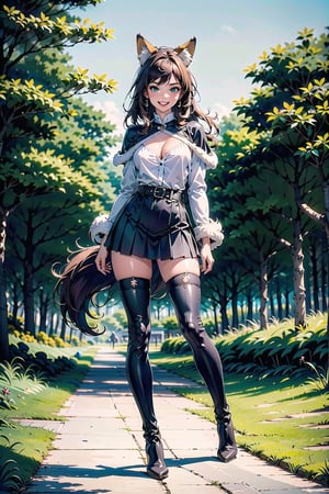 1girl, solo, long hair, breasts, looking at viewer, smile, open mouth, bangs, skirt, large breasts, brown hair, shirt, thighhighs, long sleeves, bow, animal ears, cleavage, jewelry, green eyes, standing, tail, full body, white shirt, :d, pleated skirt, earrings, boots, outdoors, day, belt, black skirt, medium hair, black footwear, blurry, high heels, tree, zettai ryouiki, animal ear fluff, fox ears, capelet, blurry background, fox tail, fangs, knee boots, grass, fox girl, claws, furry, puffy long sleeves, high heel boots, black belt, furry female, arms at sides, brown thighhighs, bush, thighhighs under boots, fox, brown fur


maximum image texture, UHD 16k, masterpiece, very high definition, extremely delicate and beautiful, more contrast, high contrast8k wallpaper, awesome, (masterpiece, photorealistic:1.75), (((best quality))), ((ultra detailed)), (illustration),