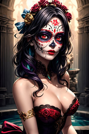 Beautifull Catrina, Wearing Traditional Ornate Catrina Dress:: Catrina Roses Crown: dia de los muertos make up, Real Face:: Real Eyes:: Blowing Messy Hair: Fountain Landscape:: Intrincate Colored Catrina Profesional Makeup: Range Color Spectrum:: Seductive Eyes: Sensual Photoshoot: Mistycism, Modern Style, Hyper Realistic, Red Eyes, Real Beautiful Face, Perfect Face, The artwork should have photo-realistic, highly detailed symmetric beautiful eyes, highly detailed gorgeous sweet face, dynamic pose, ethereal, mystical, The artwork should be centered, stylized, and elaborate, ultra-realistic, Elegant, Delicate, extremely detailed natural texture, hyper realistic lifelike texture, 32k trendy, dreamy, backlit, glamour, glimmer, shadows, brush strokes, ultra high definition, 8k, ultra sharp focus, art intricate artwork masterpiece, golden ratio, trending on cgsociety, cinematic pose, dynamic movement,niji,Girls,Luna