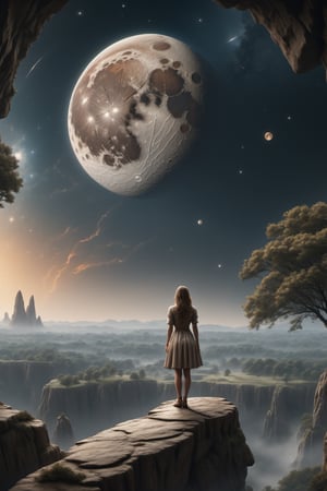 High resolution, extremely detailed, atmospheric scene, masterpiece, best quality, high resolution, 64k, high quality, UHD,

 /GC\

On this enchanting masterpiece, some moons can be seen from the perspective of a person who is standing at a huge crack in the earth and in front of whom there is a breathtaking, wonderfully beautiful woman who is looking at the sky with a dreamy look. At the edge of the picture are some crazy objects and trees