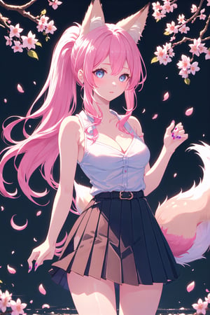 1girl, solo, long hair, breasts, looking at viewer, bangs, blue eyes, skirt, medium breasts, shirt, hair ornament, holding, animal ears, cleavage, bare shoulders, very long hair, closed mouth, standing, tail, white shirt, ponytail, pink hair, flower, cowboy shot, sleeveless, belt, black skirt, bra, lips, animal ear fluff, bare arms, petals, fox ears, cherry blossoms, pink nails, high-waist skirt, holding hair, toned,