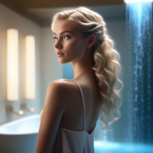 Create a digital art masterpiece of a 20-year-old European woman with piercing light blue eyes and plump hips, standing in a wide perspective bathroom. Shot from the side, her long, curly blonde hair in a ponytail cascades with shampoo foam like a waterfall down her back. Warm, cinematic lighting highlights her full-length figure, emphasizing her soft smile, smooth skin, and delicate features. Her soft lips slightly curved, the background bathed in a golden glow, exudes luxury and sophistication. Captures sensuality and intimacy, radiating her confidence and beauty.