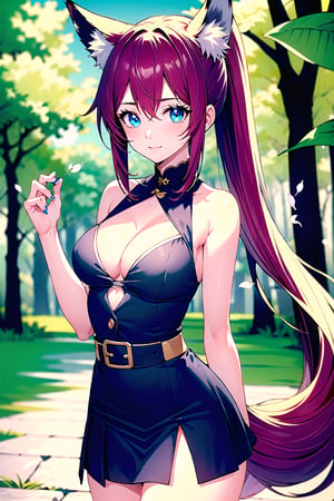 1girl, solo, long hair, breasts, looking at viewer, bangs, blue eyes, skirt, medium breasts, shirt, hair ornament, holding, animal ears, cleavage, bare shoulders, very long hair, closed mouth, standing, tail, white shirt, ponytail, pink hair, flower, cowboy shot, sleeveless, belt, black skirt, bra, lips, animal ear fluff, bare arms, petals, fox ears, cherry blossoms, pink nails, high-waist skirt, holding hair, toned,