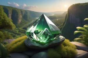 A majestic hand-sized crystal, radiating a brilliant sharpness, sits atop a lush green rocky outcropping within a breathtaking gorge, its gentle glow contrasting with the rolling hills and valleys stretching far into the distance. Soft light wraps around the crystal, casting no reflections on its matte surface. The surrounding landscape is highly detailed and intricately illustrated in high resolution, 64k quality.