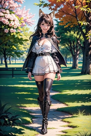 1girl, solo, long hair, breasts, looking at viewer, smile, open mouth, bangs, skirt, large breasts, brown hair, shirt, thighhighs, long sleeves, bow, animal ears, cleavage, jewelry, green eyes, standing, tail, full body, white shirt, :d, pleated skirt, earrings, boots, outdoors, day, belt, black skirt, medium hair, black footwear, blurry, high heels, tree, zettai ryouiki, animal ear fluff, fox ears, capelet, blurry background, fox tail, fangs, knee boots, grass, fox girl, claws, furry, puffy long sleeves, high heel boots, black belt, furry female, arms at sides, brown thighhighs, bush, thighhighs under boots, fox, brown fur


maximum image texture, UHD 16k, masterpiece, very high definition, extremely delicate and beautiful, more contrast, high contrast8k wallpaper, awesome, (masterpiece, photorealistic:1.75), (((best quality))), ((ultra detailed)), (illustration),