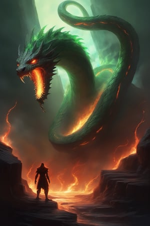 A blazing portal, its edges crackling with fiery intensity, spills forth a torrent of monstrous forms onto a worn, stone ledge. Amidst the chaos, a summoner stands tall, their arms outstretched as if embracing the infernal energies coursing through their veins. Green flames dance across their skin like living serpents, while the crimson-glowing sky above pulses with an otherworldly power.