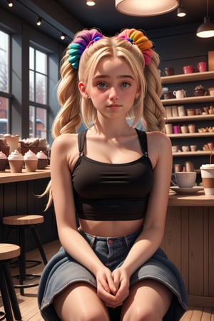 Hyper-realistic snapshot of a lovely Swiss teenage girl, 18, donning black crop top, exuding cute charm as Instagram model. Blonde hair cascades down back, topped with colorful scrunchie. Cozy coffee shop setting, winter; warm tones, soft lighting. Girl sits confidently, surrounded by plush furniture, steaming cup of hot chocolate in hand, gazing directly at the camera.

(masterpiece, best quality, high resolution, 64k, highly detailed, intricate), illustration, (realistic:1.75), (realistic design:1.5), soft light, more details, Full body, /GC\