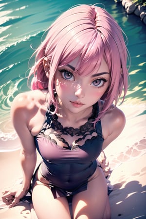 (overhead shot:1.75), best quality, UHD, 16K, masterpiece, (photorealistic:1.2), soft light, perfect texture, high quality, view down to the model, focus on face,

beautiful background, high quality background, outdoor, waterline, ocean, beautiful background details, open sea, beach,

(pink hair:1.475), short dress, shoulder free, medium breasts, kneel on beach, looks up at the viewer, perfect hands, (one hand at hair:1.75),