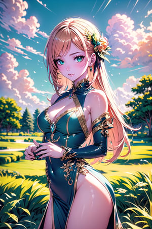 A serene tableau unfolds as the young woman stands amidst a tapestry of tall grasses and vibrant wildflowers, her straight chestnut hair and bright green eyes radiating warmth beneath the brilliant blue sky. The simple, earthy-toned dress complements the natural hues of the surrounding landscape, while fluffy white clouds drift lazily across the cerulean expanse. The gentle breeze stirs the grasses, their delicate blades swaying softly in harmony with the woman's gentle pose, as if frozen in a moment of peaceful contemplation amidst this idyllic scene.