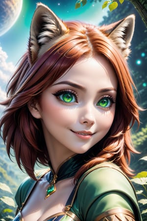 In a breathtaking profile view, the adorable redhead Greifer gazes directly at the viewer over her shoulder, her radiant green eyes sparkling with love. Her raccoon ears perk up, adding to her endearing charm. Amidst an epic sci-fi universe backdrop, she smiles sweetly, her features rendered in exquisite detail. Maximum image texture and 16k UHD resolution showcase her stunning visage, complete with intricate facial expressions and delicate eyelashes. Anime-style animation brings her to life, set against a vibrant, high-contrast background that pops with color and energy.