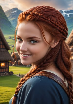 Cute girl, looks at viewer over shoulder, smiles sheepishly, profile view, redhead,

epic viking village background,



maximum image texture, best quality UHD 16k, best quality, masterpiece, Ultra detailed, very high definition, extremely delicate and beautiful, more contrast, high contrast

8k wallpaper, awesome, (masterpiece, photorealistic:1.5), (((best quality))), ((ultra detailed)), (illustration), dynamic angle,