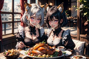 (masterpiece), 2girls, bangs, blush, smile, hair between eyes, black hair, silver hair, yellow eyes, purple eyes, short hair, medium hair, fox ears, fox tails, maid, cafe, (turkey:1.3), party, thanksgiving, chicken bone,Girls,Greifer 