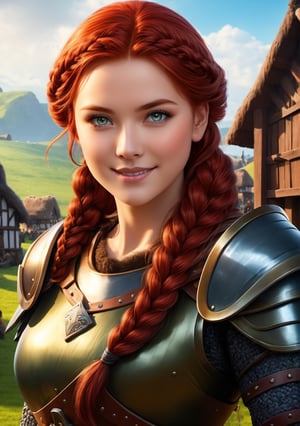 Cute girl, looks at viewer over shoulder, smiles sheepishly, profile view, redhead, armor, 

epic viking village background,



maximum image texture, best quality UHD 16k, best quality, masterpiece, Ultra detailed, very high definition, extremely delicate and beautiful, more contrast, high contrast

8k wallpaper, awesome, (masterpiece, photorealistic:1.5), (((best quality))), ((ultra detailed)), (illustration), dynamic angle,