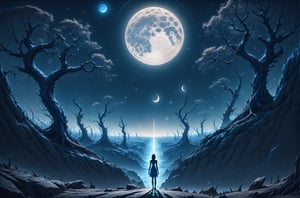 A majestic masterpiece of surreal grandeur: a 64k UHD rendering of a mystical realm. Standing at the precipice of a colossal crack in the earth, a lone figure gazes up at two luminous moons suspended in a dark blue sky. Beside them, a captivating woman with an ethereal aura, her eyes lost in contemplation. The atmosphere is heavy with wonder as she beholds the celestial spectacle. In the periphery, fantastical objects and twisted trees stretch towards the moonlit heavens, their gnarled limbs silhouetted against the starry canvas.