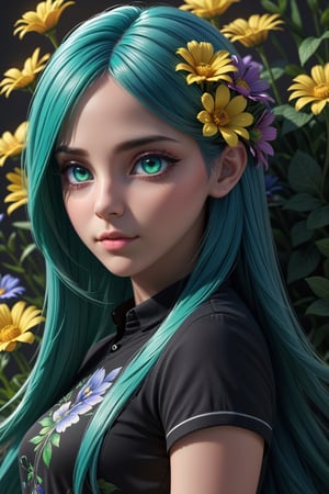 ((1girl)), (3d rendering), (3d girl), ((solo)), Half body, details, (Long straight hairs), (blue-green hair:0.8), nice eyes, (detailed beautiful eyes), (detailed face), (extremely detailed CG, ultra-detailed, best shadow), ((depth of field)), (loses black shirt), (flowers and petals:1.12),