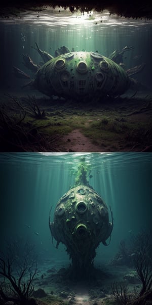 big mothership fallen on earth, half covered by algae, crashed, damaged, rusty, abandoned, deep underwater, ((best quality)), ((masterpiece)), ((beautiful landscape)), soft light, hdr, intricate, highly detailed, sharp focus, insane details, intricate details, low contrast, soft light