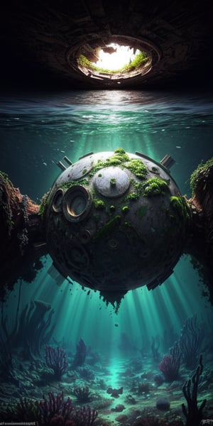 single shot of big spherical mothership fallen on earth, half covered by algae, crashed, damaged, rusty, abandoned, deep underwater, ((best quality)), ((masterpiece)), ((beautiful landscape)), soft light, hdr, intricate, highly detailed, sharp focus, insane details, intricate details, low contrast, soft light