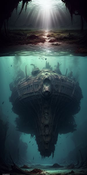 big mothership fallen on earth, half covered by algae, crashed, damaged, rusty, abandoned, deep underwater, ((best quality)), ((masterpiece)), ((beautiful landscape)), soft light, hdr, intricate, highly detailed, sharp focus, insane details, intricate details, low contrast, soft light